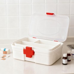 3-Compartment First Aid Box - Portable Medicine Storage with Detachable Tray & Transparent Lid