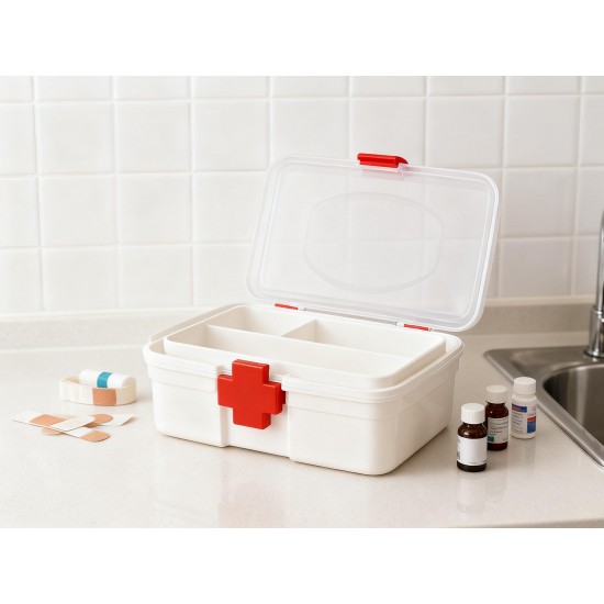 3-Compartment First Aid Box - Portable Medicine Storage with Detachable Tray & Transparent Lid