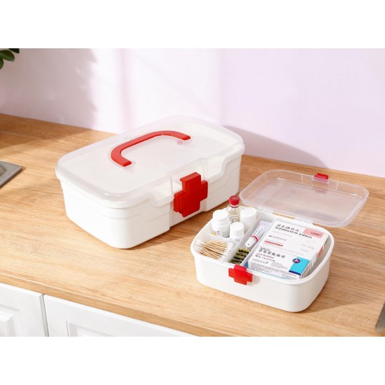 Medical Box, 1 Piece, Indoor Outdoor Medical Utility, Medicine Storage Box, Detachable Tray Medical Box Multi Purpose Regular Medicine, First Aid Box with Handle & Transparent Lid