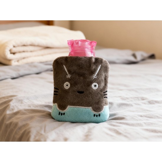 Grey Cat Print Small Hot Water Bag with Cover for Pain Relief