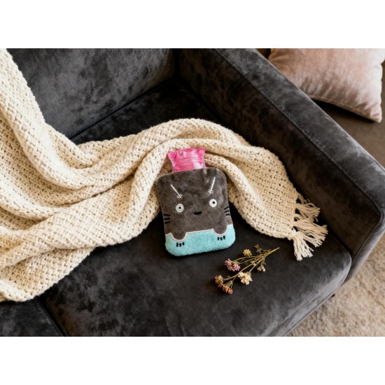 Grey Cat Print Small Hot Water Bag with Cover for Pain Relief