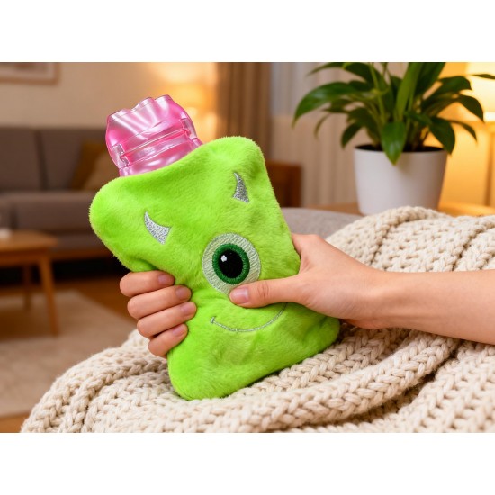 Green One-Eyed Monster Print Small Hot Water Bag with Cover for Pain Relief