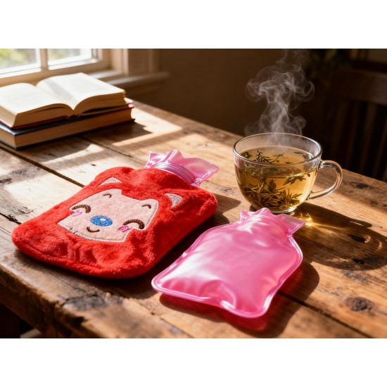 Pink Cat small Hot Water Bag with Cover for Pain Relief, Neck, Shoulder Pain and Hand, Feet Warmer, Menstrual Cramps.