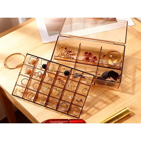 2 layer Acrylic Jewelry Storage Box Dustproof Earring Box, Storage Box Portable Nail Art Storage Case, 24-Grid Small and 6-Grid Big case Makeup Vanity Box (1 Pc / 30 Compartment)
