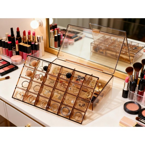 2 layer Acrylic Jewelry Storage Box Dustproof Earring Box, Storage Box Portable Nail Art Storage Case, 24-Grid Small and 6-Grid Big case Makeup Vanity Box (1 Pc / 30 Compartment)